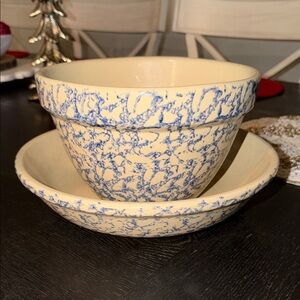 Robinson Ransbottom Blue and Cream Ceramic Bowl and Saucer Set